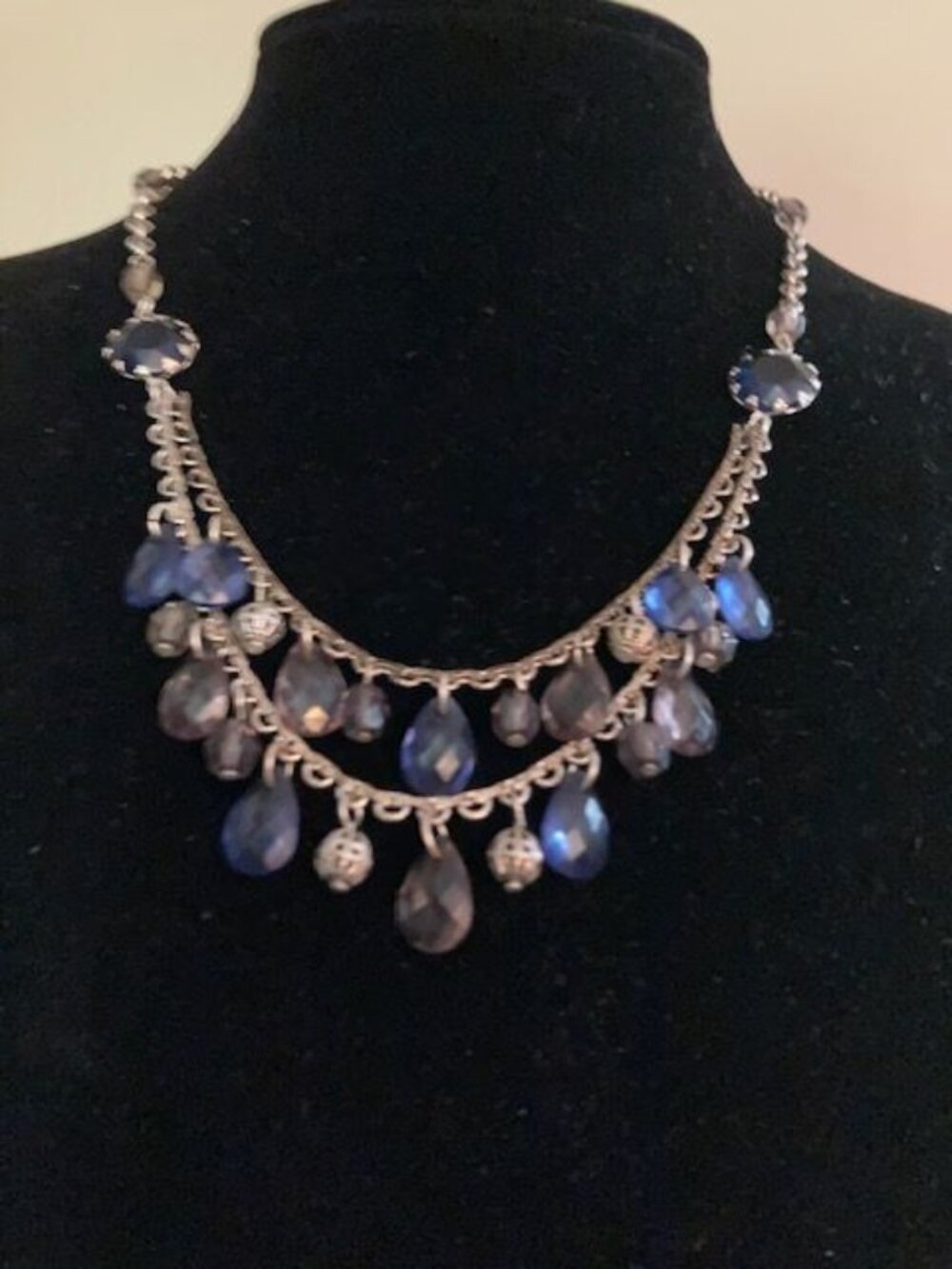 Blue, Light Purple, and Silver Beaded Necklace on Silver Chain
